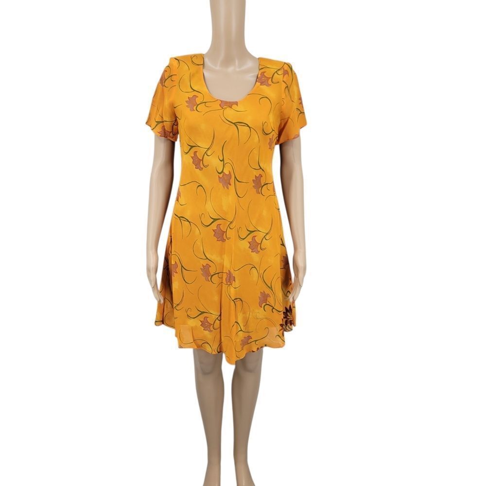 Vintage Women’s Sunflower Orange-Yellow Floral Scoop Neck Mini Dress